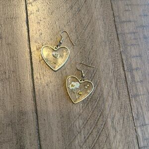 Gold Heart Dangle Earrings with Pressed White Flowers - Women Jewelry